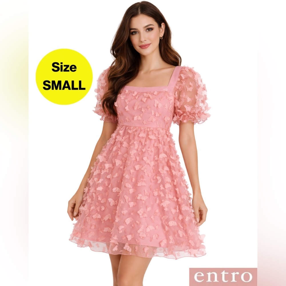 ENTRO Blush Pink Puff Sleeve Floral Appliqué Mini Dress (Small)